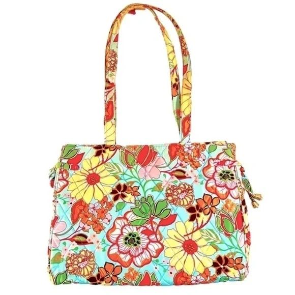 Vera Bradley 100% Silk Collection Tropical Floral Shoulder Bag Purse Aqua Coral - Picture 2 of 16